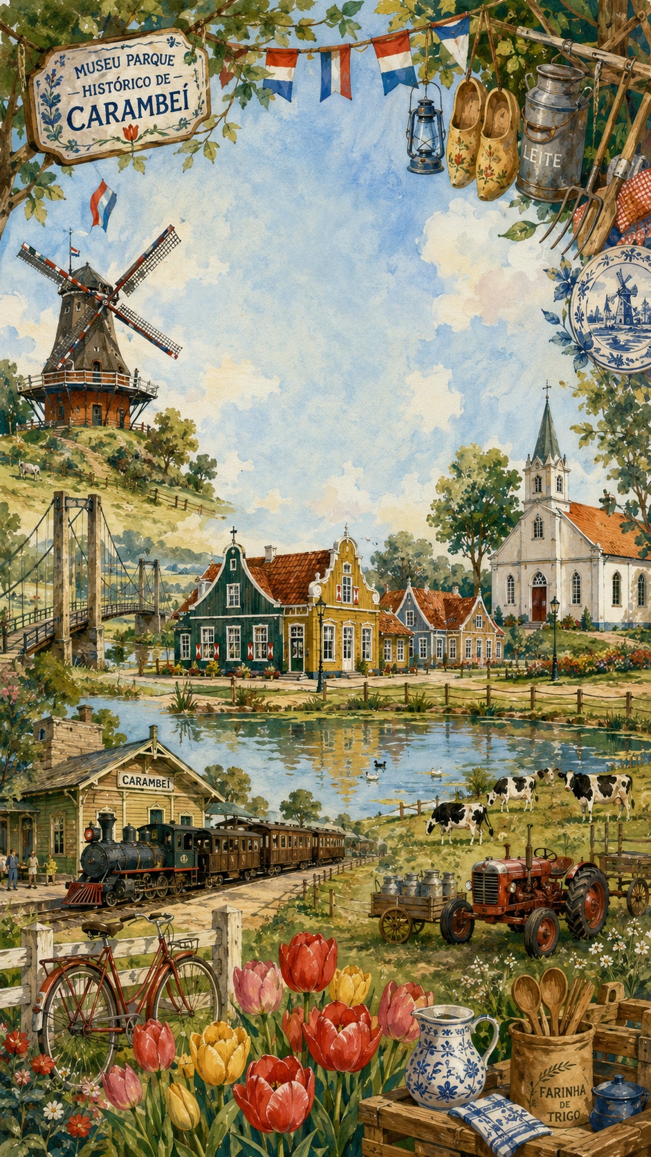 Aquarela do Museu Parque Histórico de Carambeí: moinho, vila holandesa, igreja, estação de trem e tulipas