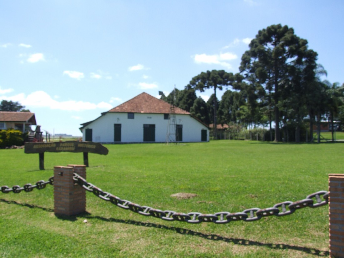 Casa histórica da Colônia Batavo com araucárias