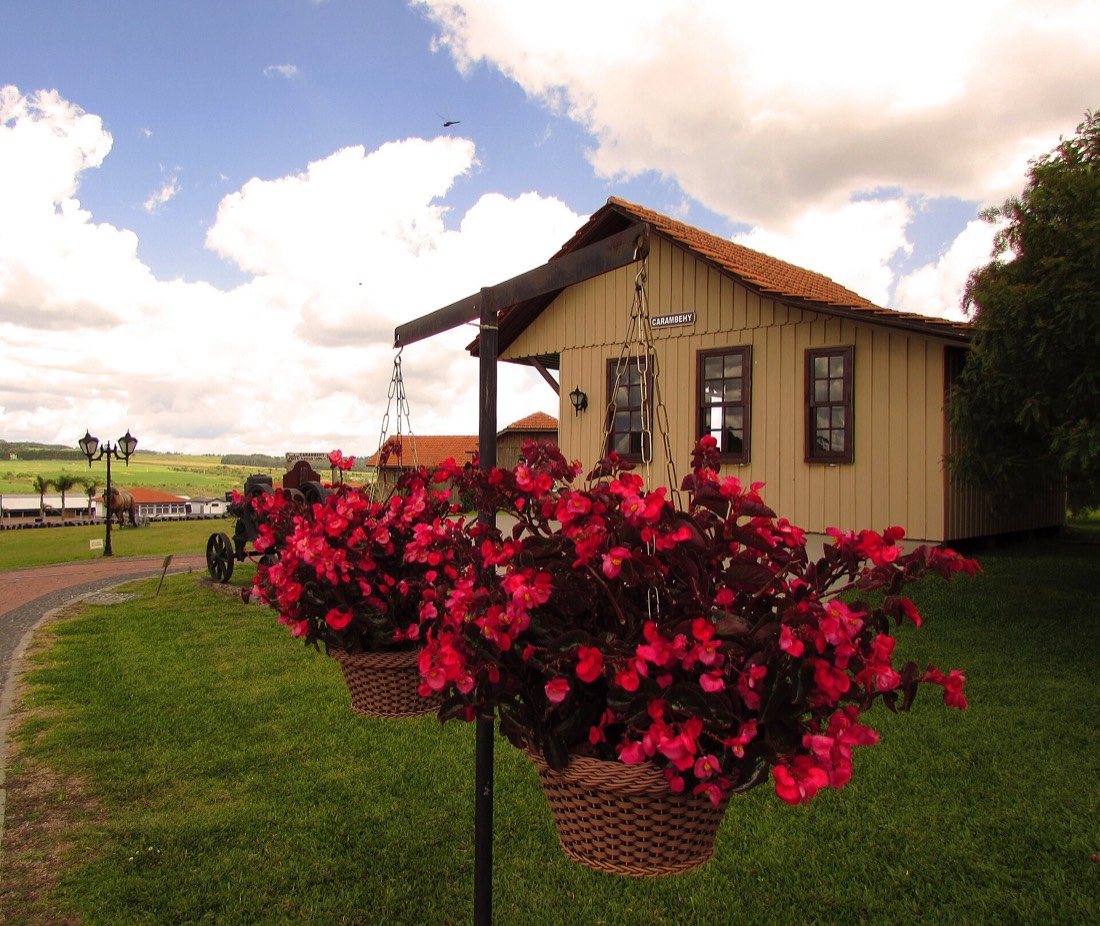 Estação de trem de Carambeí com flores vermelhas